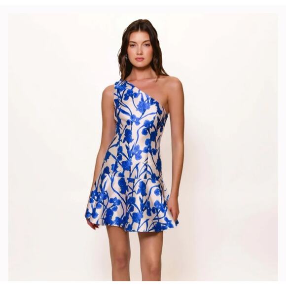 Hutch Silas Floral One-Shoulder Minidress Cobalt Vine Orchids Size 12 NWT - Picture 1 of 12